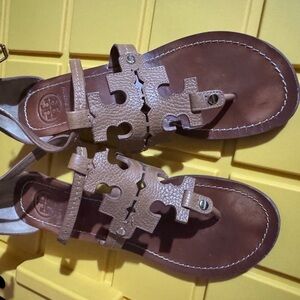 Tory Burch Tan Leather Sandals with Geometric Cutouts